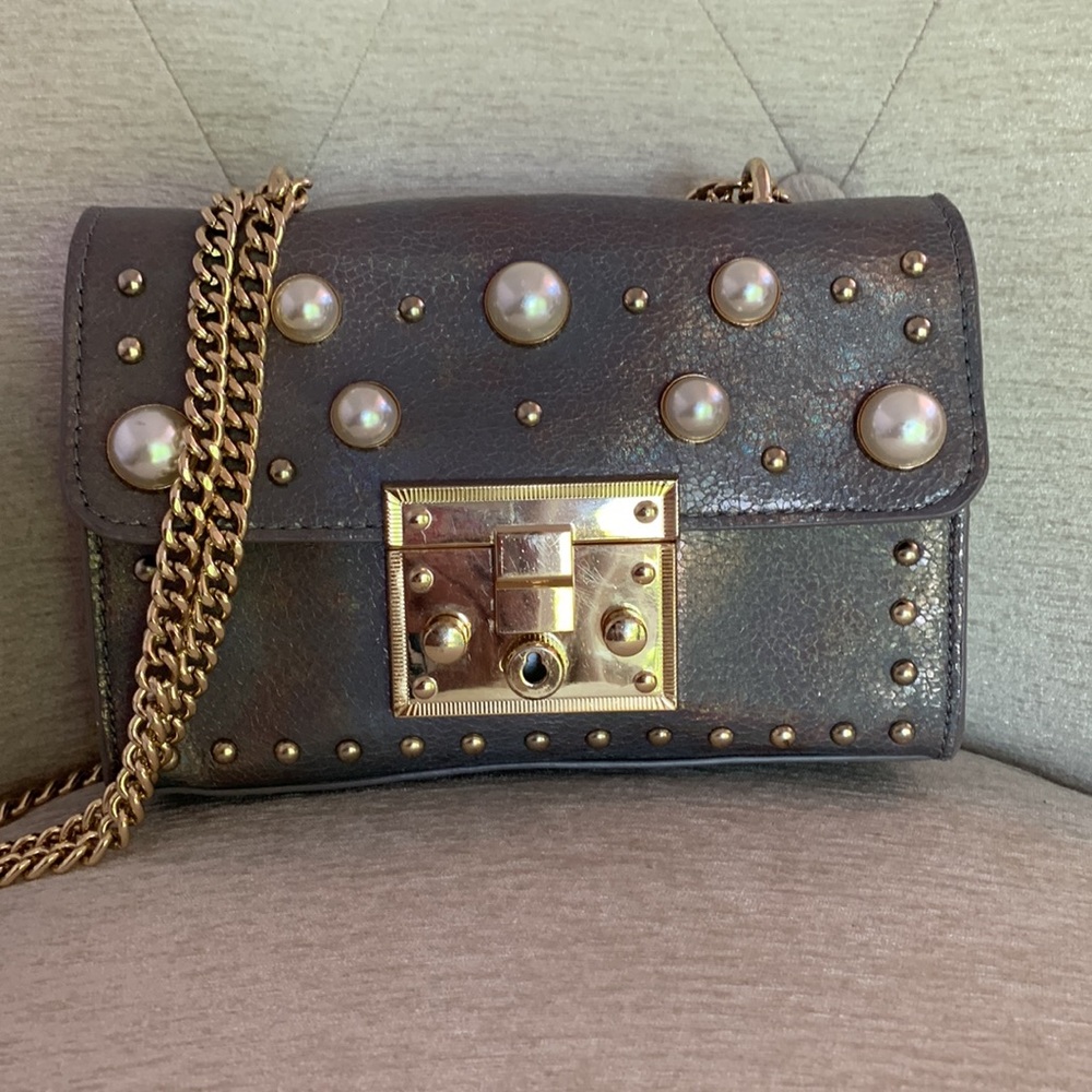 Steve Madden Pearl and Studded Gray Chain Strap Shoulder Crossbody Bag